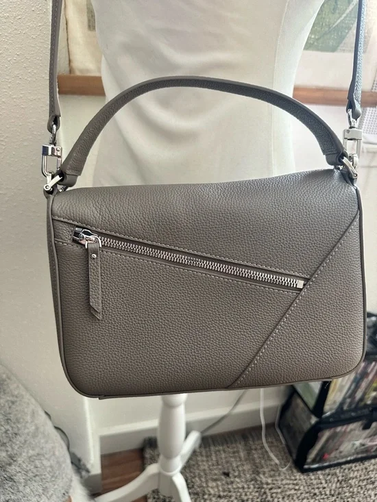 Quince Italian Leather Patchwork Pebbled Leather Crossbody Satchel Mink - Picture 5 of 7